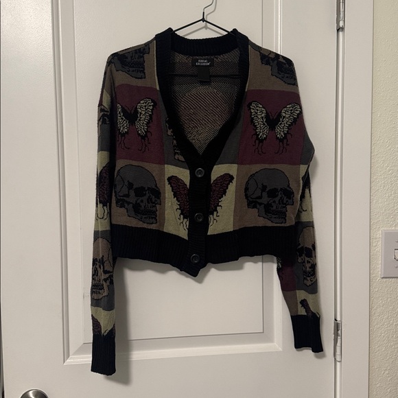 Social Collision Sweaters - Edgy Skull and Wings Cardigan - Black, Purple, and Green